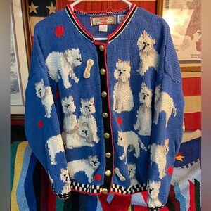 🧶 Vintage Cardigan Bay Hand-Knit Westie Dog Sweater | 90s (XL)